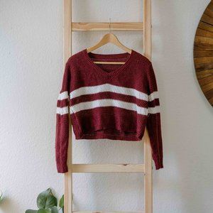 Burgundy & White Striped Cropped Sweater